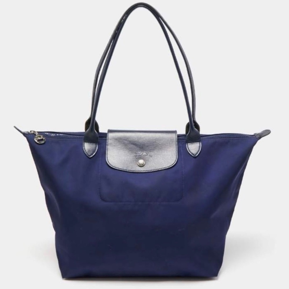 Longchamp Dark Blue Nylon and Leather Medium Le Pliage Tote